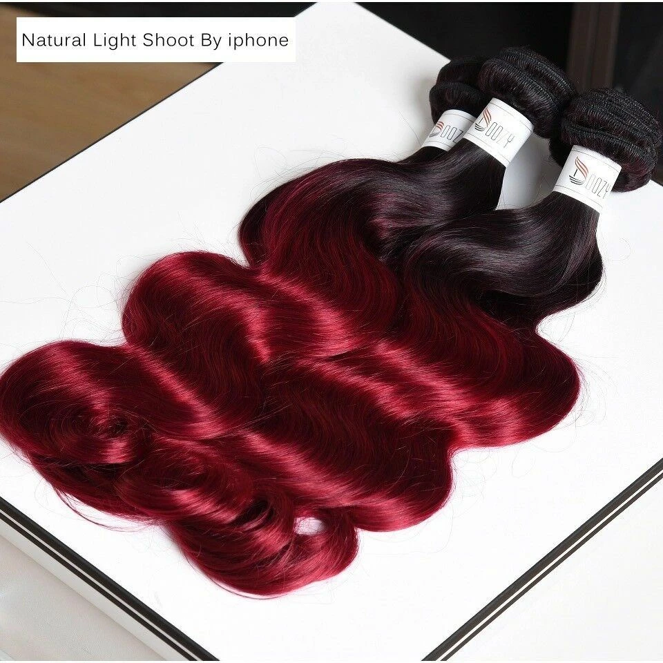 Luxury Peruvian #1b/99j Burgundy Red Ombre Body Wave Human Hair Extensions 10A - Image 2