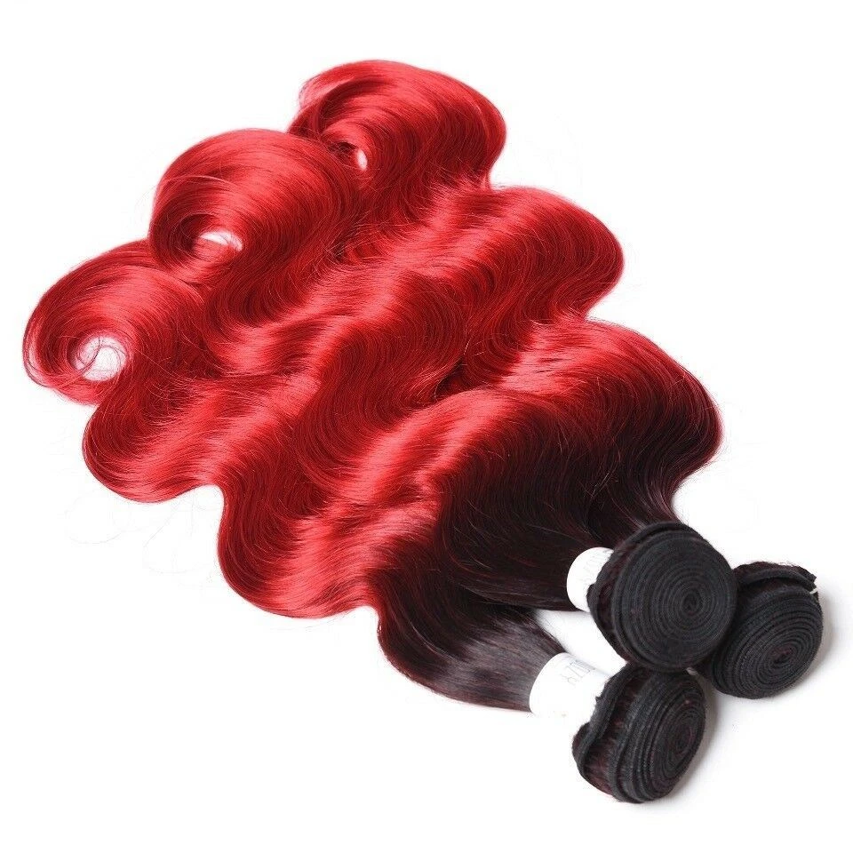 Luxury Peruvian #1b/Red Ombre Body Wave Virgin Human Hair Extensions 10A - Image 2