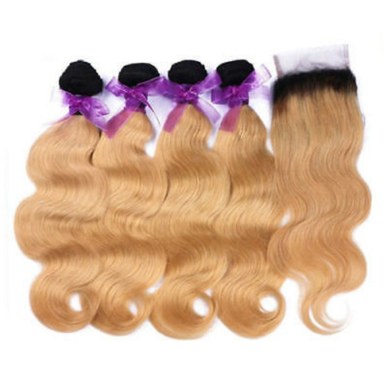 Luxury Brazilian #1B/27 Blonde Body Wave Human Hair Extensions + 4x4 Closure