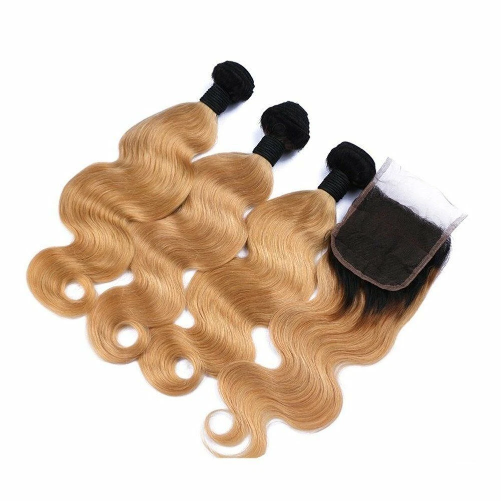Luxury Brazilian #1B/27 Blonde Body Wave Human Hair Extensions + 4x4 Closure - Image 2