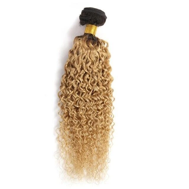 Luxury Dark Roots Peruvian Honey Blonde #27 Kinky Curly Virgin Hair Extensions - Image 5