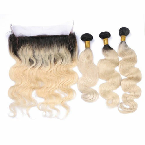 Luxury Brazilian #1B/613 Blonde Body Wave Human Hair Extensions + 13x4 Frontal