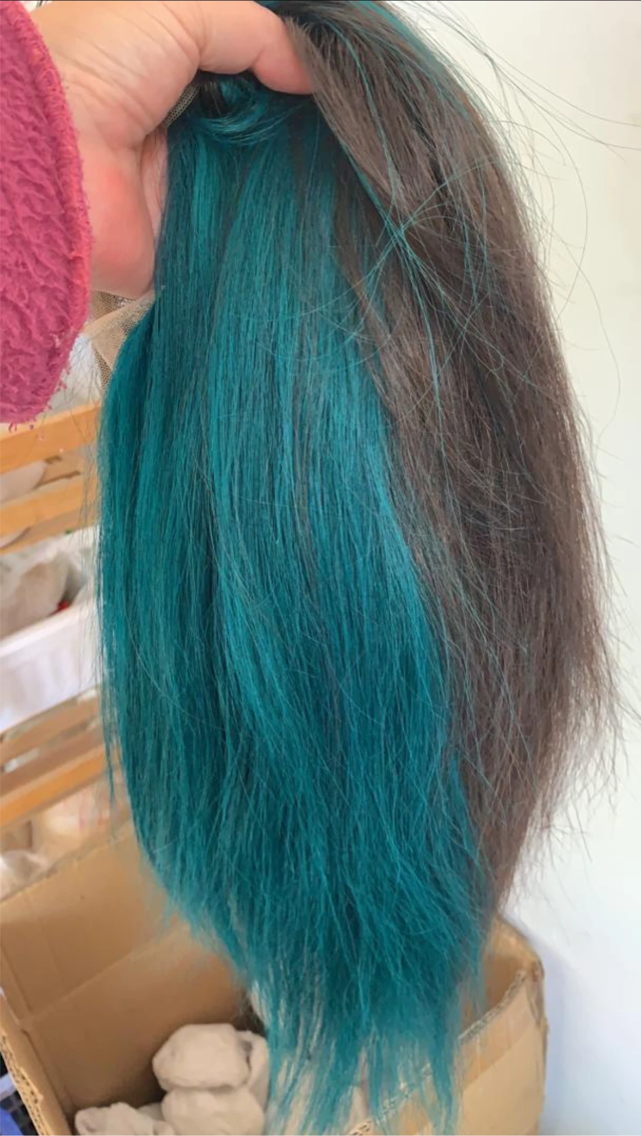 Luxy READY TO SHIP 14” 180% 13x6 Human Hair Lace Front Wig Dark Brown Teal Green Bleached Knots Glueless