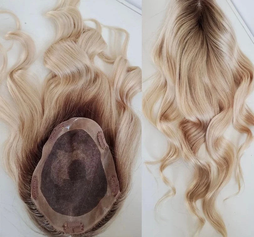 Luxury Ombre Blonde Human Hair Body Wave Topper Wig For Women 8*15cm Breathable MONO PU Base With Clip In Hair Toupee Remy Hair Piece 130% - Image 2