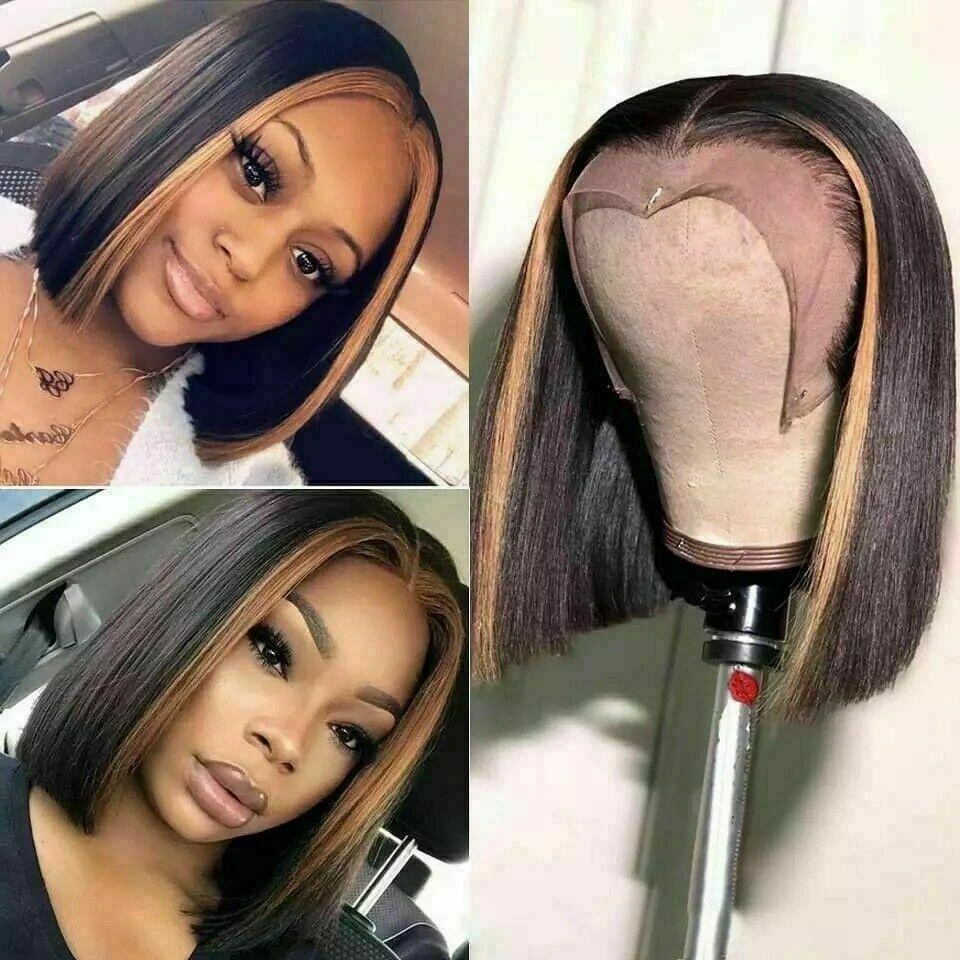 Luxury Bob Ombre Highlight Black 100% Human Hair Swiss 13x4 Lace Front Glueless Wig Ash Blonde Streak U-Part, 360 Or Full Lace Upgrade Available