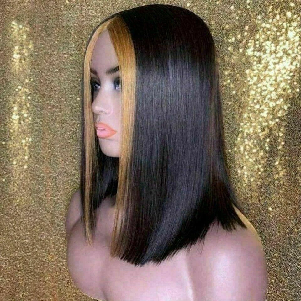 Luxury Bob Ombre Highlight Black 100% Human Hair Swiss 13x4 Lace Front Glueless Wig Ash Blonde Streak U-Part, 360 Or Full Lace Upgrade Available - Image 3