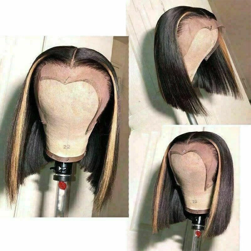 Luxury Bob Ombre Highlight Black 100% Human Hair Swiss 13x4 Lace Front Glueless Wig Ash Blonde Streak U-Part, 360 Or Full Lace Upgrade Available - Image 4