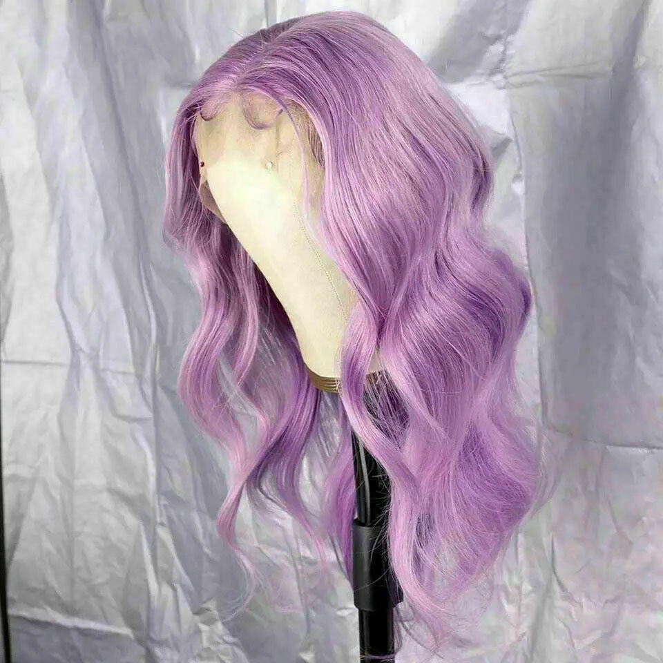 Luxury Remy Wavy Purple Lilac Lavender 100% Human Hair Swiss 13x4 Lace Front Wig Wavy Colourful U-Part, 360 Or Full Lace Upgrade Available