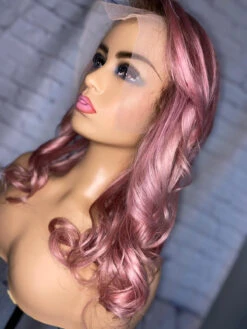 READY TO SHIP Luxury 18” 150% 13x4 Lace Front Rose Gold Pink Dark Roots Wig Human Hair Swiss Glueless Sale Bleached Knots