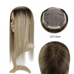 Luxury Human Hair Topper Ombre Balayage13*13cm Remy Hair Piece With Clips 120% Density Crown Hair Ash Blonde Brown Mono