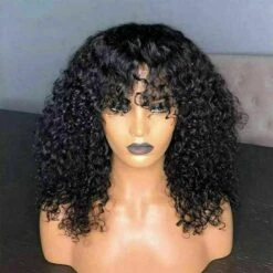 Luxury Remy Curly Bangs Fringe Black #1B Black 100% Human Hair Swiss 13x4 Lace Front Glueless Wig #1B U-Part, 360 Or Full Lace Upgrade Available