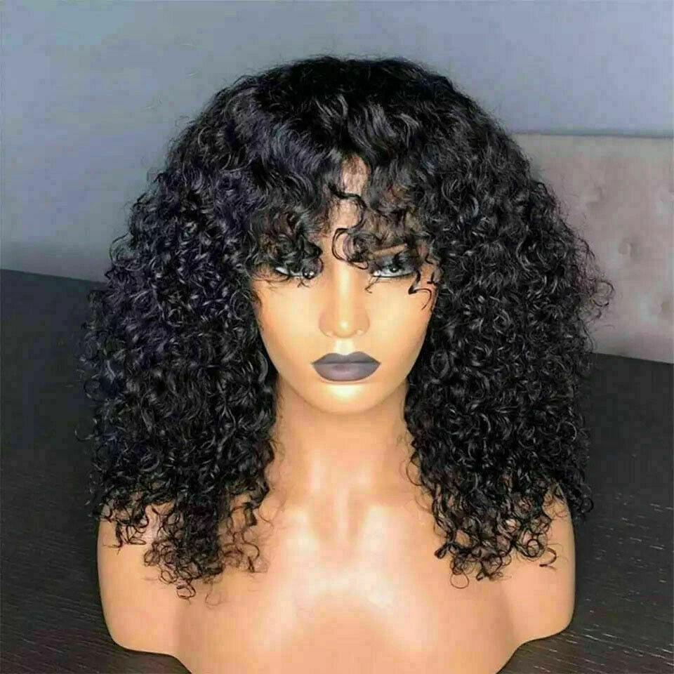 Luxury Remy Curly Bangs Fringe Black #1B Black 100% Human Hair Swiss 13x4 Lace Front Glueless Wig #1B U-Part, 360 Or Full Lace Upgrade Available
