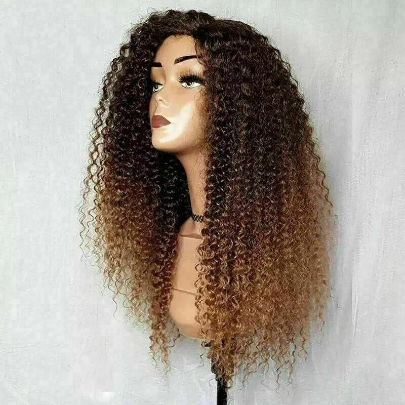 Luxury Kinky Curly Ombre Auburn Brown 100% Human Hair Swiss 13x4 Lace Front Glueless Wig Blonde U-Part, 360 Or Full Lace Upgrade Available