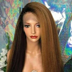 Luxury Kinky Straight Ombre Auburn Brown 100% Human Hair Swiss 13x4 Lace Front Glueless Wig U-Part, 360 Or Full Lace Upgrade Available