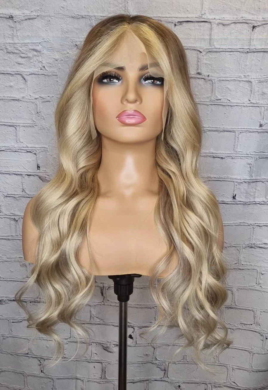 Luxury Balayage Ombre Highlight Ash Blonde Dark Roots 100% Human Hair Swiss 13x4 Lace Front Wig U-Part Or Full Lace Upgrade Available