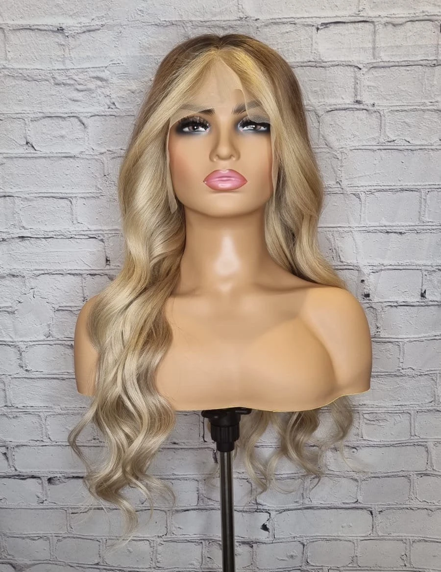 Luxury Balayage Ombre Highlight Ash Blonde Dark Roots 100% Human Hair Swiss 13x4 Lace Front Wig U-Part Or Full Lace Upgrade Available - Image 2