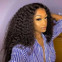Luxury Remy Kinky Curly Black 100% Human Hair Swiss 13x4 Lace Front Glueless Wig Black #1B U-Part, 360 Or Full Lace Upgrade Available