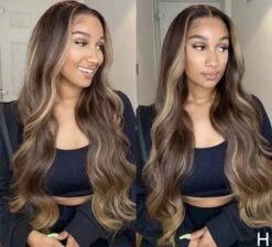 Luxury Dark Brown Balayage Highlight 100% Human Hair Swiss 13x4 Lace Front Glueless WigBlonde U-Part, 360 Or Full Lace Upgrade Available