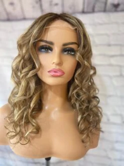 Luxury Caramel Blonde Curly Balayage 100% Human Hair Swiss 13x4 Lace Front Glueless Wig Wavy U-Part, 360 Or Full Lace Upgrade Available
