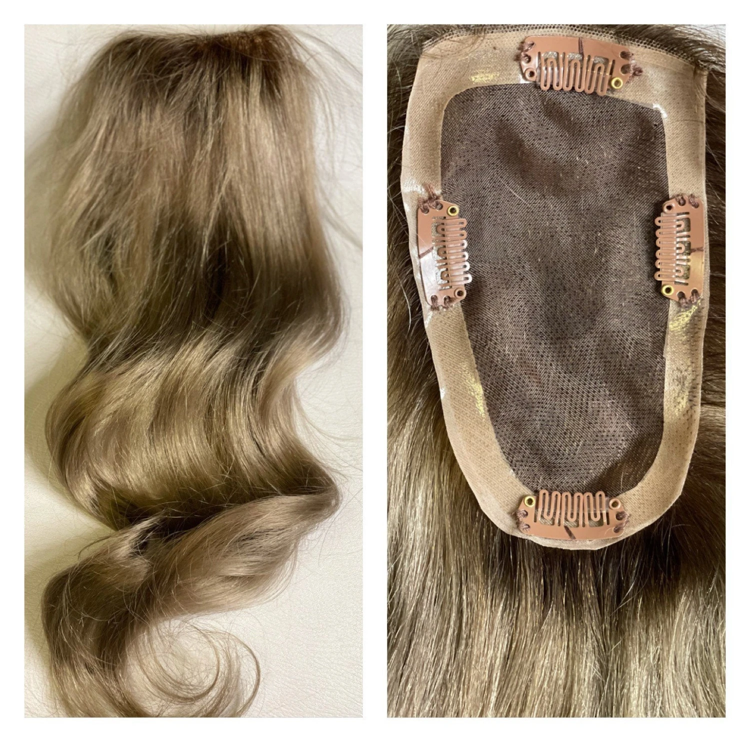 Luxury Dark Ash Blonde Human Hair Body Wave Topper Wig For Women 8*15cm Breathable MONO PU Base With Clip In Hair Toupee Hair Piece 130% - Image 3