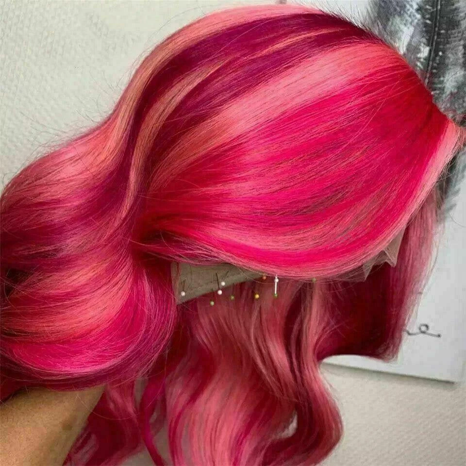 Luxury Remy Pink Fuchsia Balayage Highlight 100% Human Hair Swiss 13x4 Lace Front Glueless Wig Ombre Wavy Colouful Full Lace Upgrade Available - Image 2
