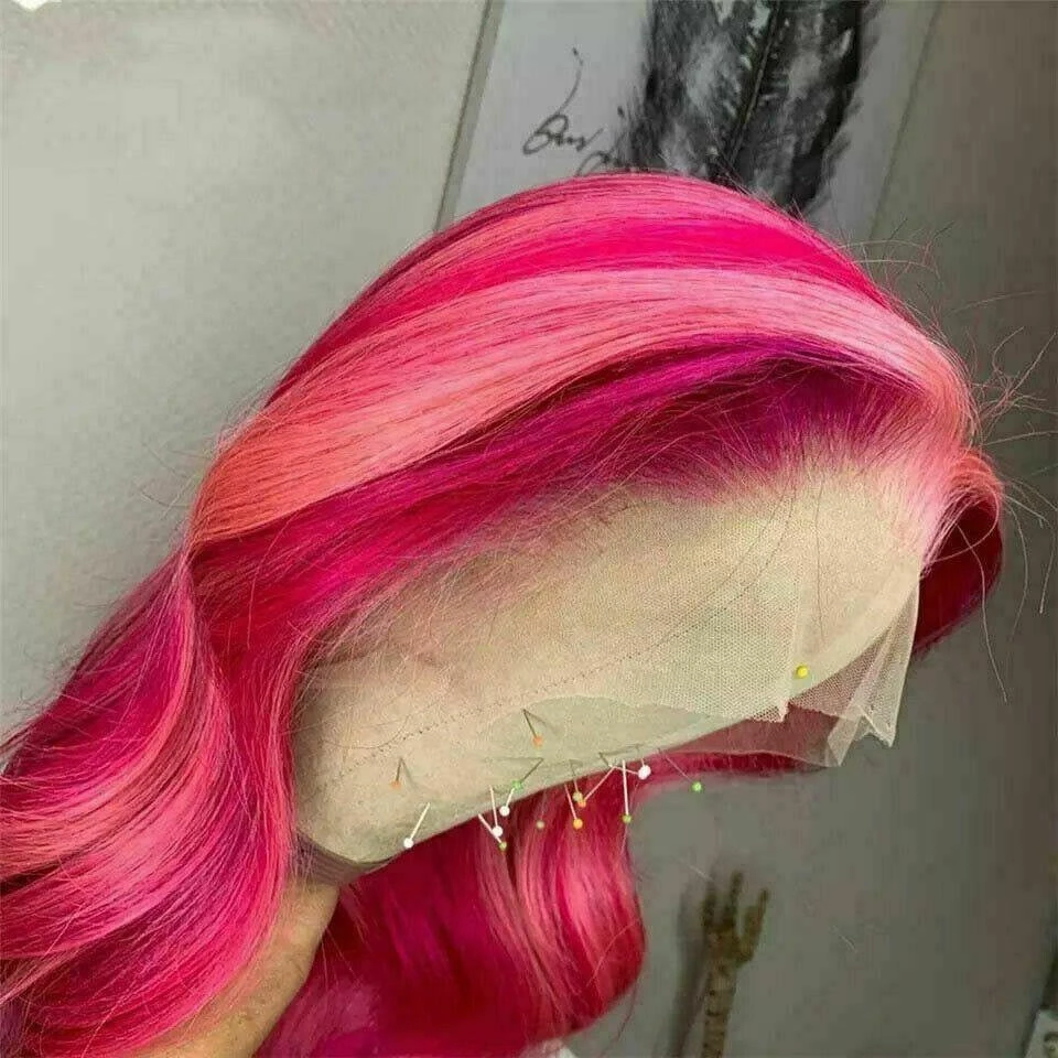 Luxury Remy Pink Fuchsia Balayage Highlight 100% Human Hair Swiss 13x4 Lace Front Glueless Wig Ombre Wavy Colouful Full Lace Upgrade Available - Image 3