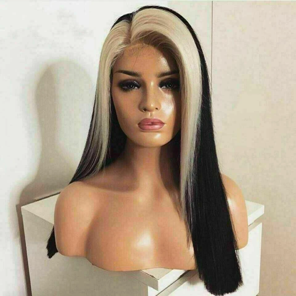 Luxury Platinum Blonde Streak100% Human Hair Swiss 13x4 Lace Front Glueless Wig U-Part, 360 Or Full Lace Upgrade Available