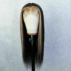 Luxury Remy Black #1B Honey Blonde Streak Straight 100% Human Hair Swiss 13x4 Lace Front Glueless Wig U-Part, 360 Or Full Lace Upgrade Available