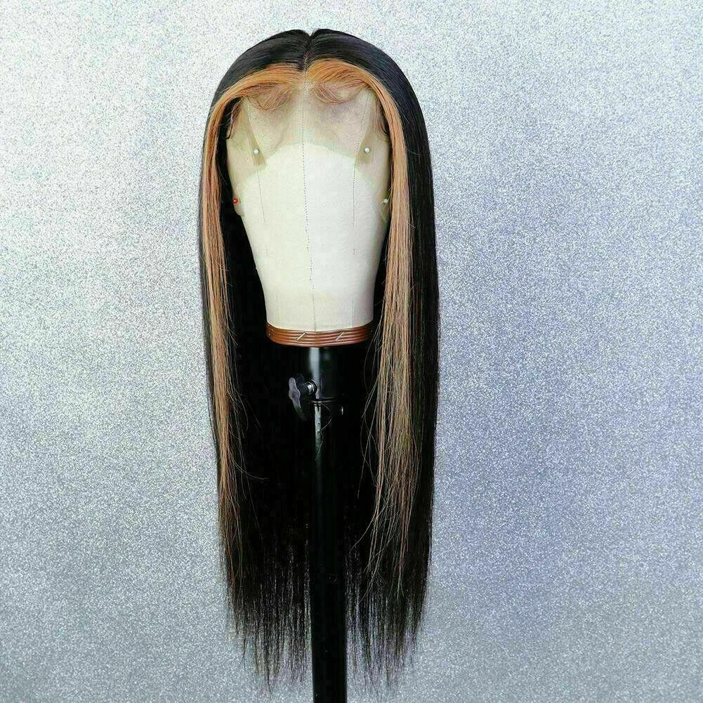 Luxury Remy Black #1B Honey Blonde Streak Straight 100% Human Hair Swiss 13x4 Lace Front Glueless Wig U-Part, 360 Or Full Lace Upgrade Available