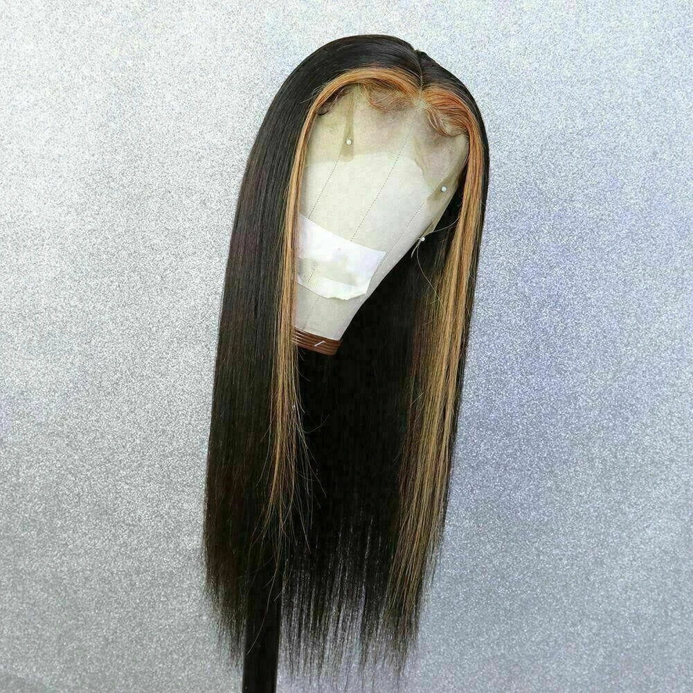 Luxury Remy Black #1B Honey Blonde Streak Straight 100% Human Hair Swiss 13x4 Lace Front Glueless Wig U-Part, 360 Or Full Lace Upgrade Available - Image 2