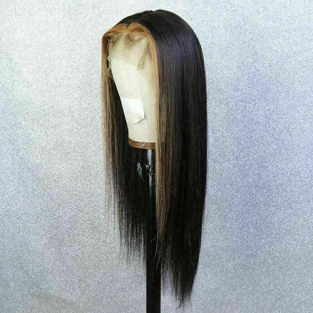 Luxury Remy Black #1B Honey Blonde Streak Straight 100% Human Hair Swiss 13x4 Lace Front Glueless Wig U-Part, 360 Or Full Lace Upgrade Available - Image 3