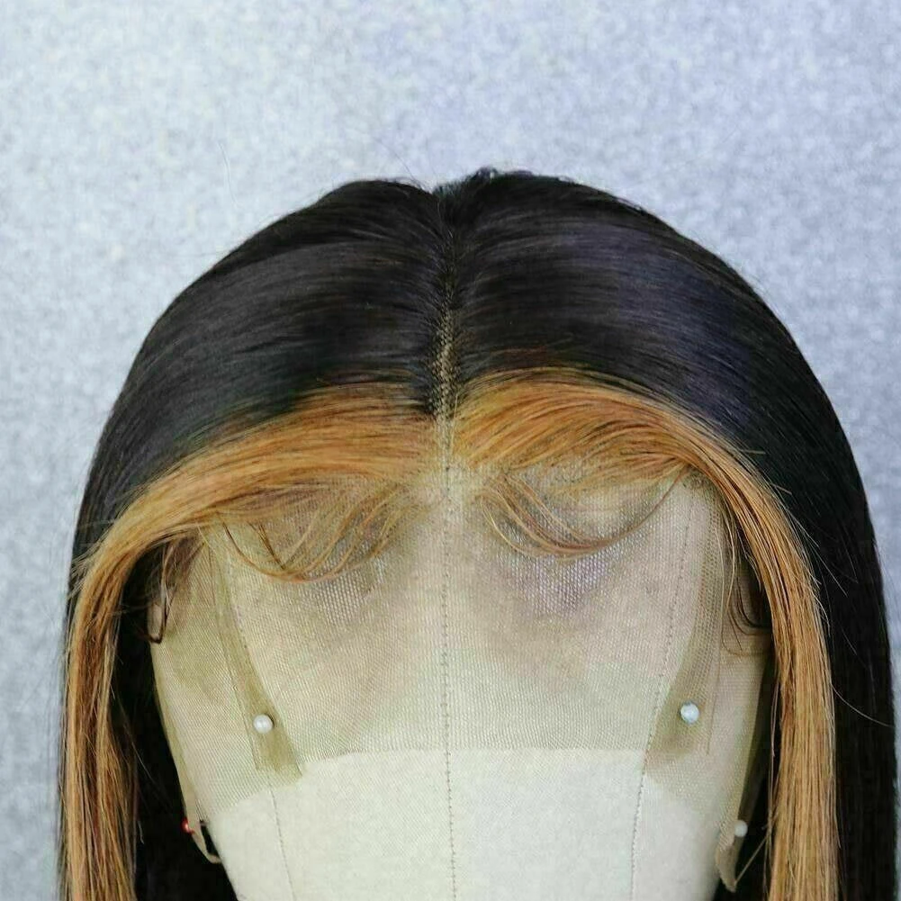 Luxury Remy Black #1B Honey Blonde Streak Straight 100% Human Hair Swiss 13x4 Lace Front Glueless Wig U-Part, 360 Or Full Lace Upgrade Available - Image 4