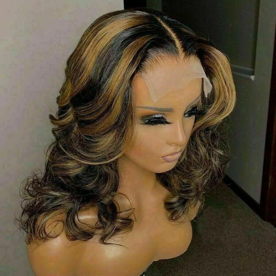 Luxury Wavy Balayage Highlight Brown 100% Human Hair Swiss 13x4 Lace Front Glueless WigBob U-Part, 360 Or Full Lace Upgrade Available