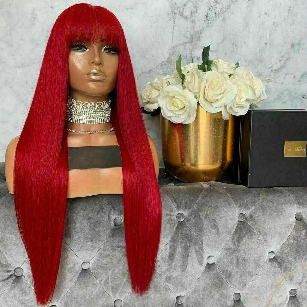 Luxury Remy Hot Red Fringe Bangs 100% Human Hair Swiss 13x4 Lace Front Glueless Wig Colouful U-Part, 360 Or Full Lace Upgrade Available - Image 2