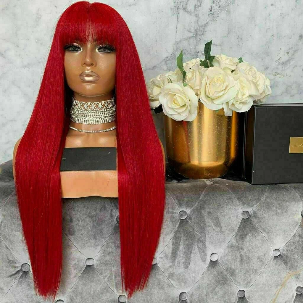 Luxury Remy Hot Red Fringe Bangs 100% Human Hair Swiss 13x4 Lace Front Glueless Wig Colouful U-Part, 360 Or Full Lace Upgrade Available