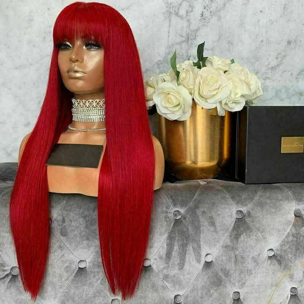 Luxury Remy Hot Red Fringe Bangs 100% Human Hair Swiss 13x4 Lace Front Glueless Wig Colouful U-Part, 360 Or Full Lace Upgrade Available - Image 3