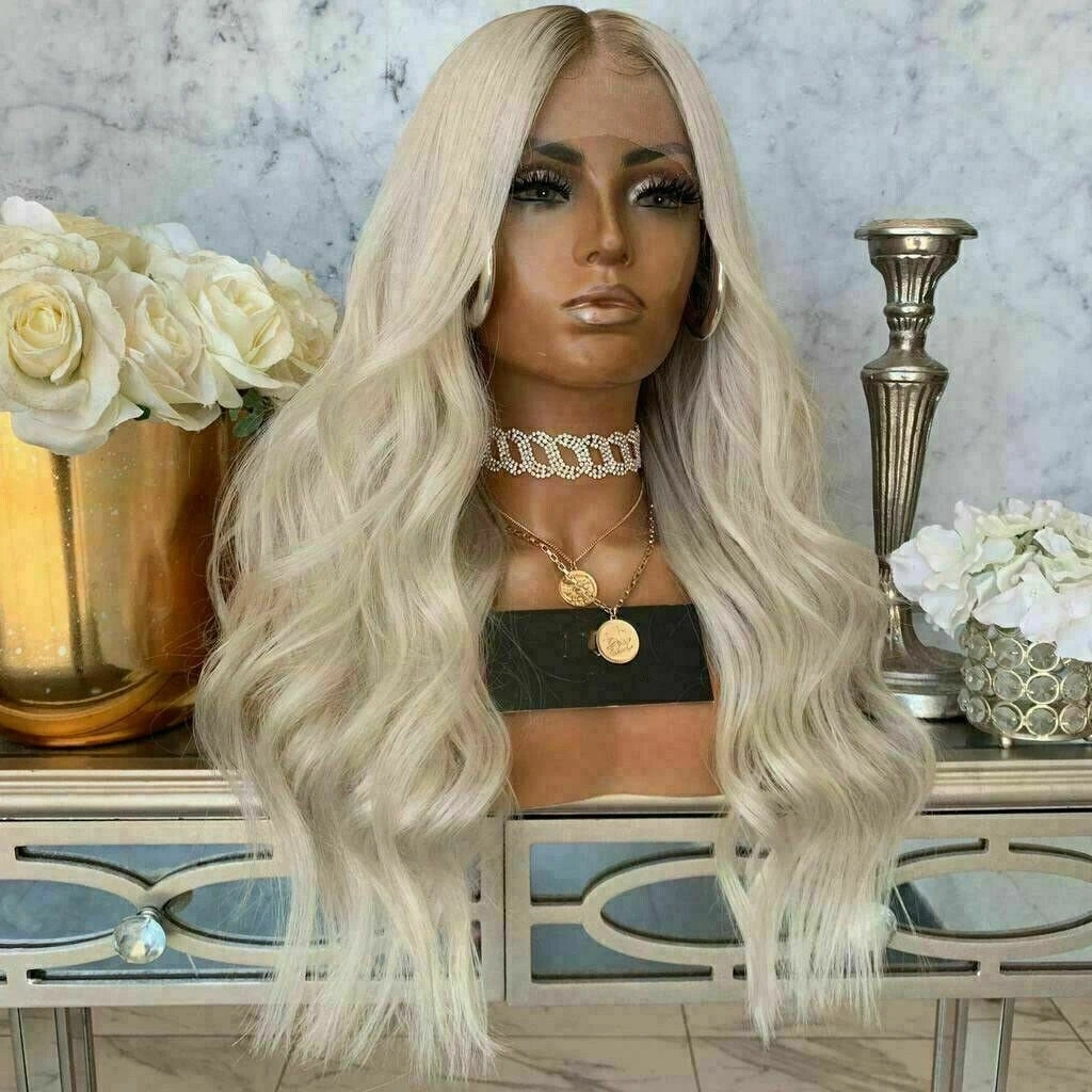 Luxury Wavy Platinum Blonde Ash Root Ombre 100% Human Hair Swiss 13x4 Lace Front Glueless Wig U-Part, 360 Or Full Lace Upgrade Available - Image 2