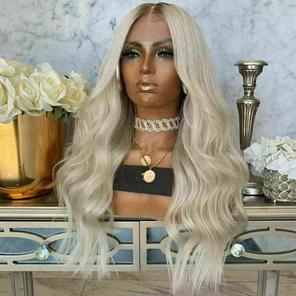 Luxury Wavy Platinum Blonde Ash Root Ombre 100% Human Hair Swiss 13x4 Lace Front Glueless Wig U-Part, 360 Or Full Lace Upgrade Available - Image 3