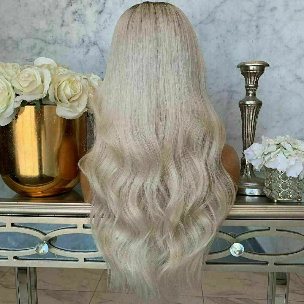 Luxury Wavy Platinum Blonde Ash Root Ombre 100% Human Hair Swiss 13x4 Lace Front Glueless Wig U-Part, 360 Or Full Lace Upgrade Available - Image 5