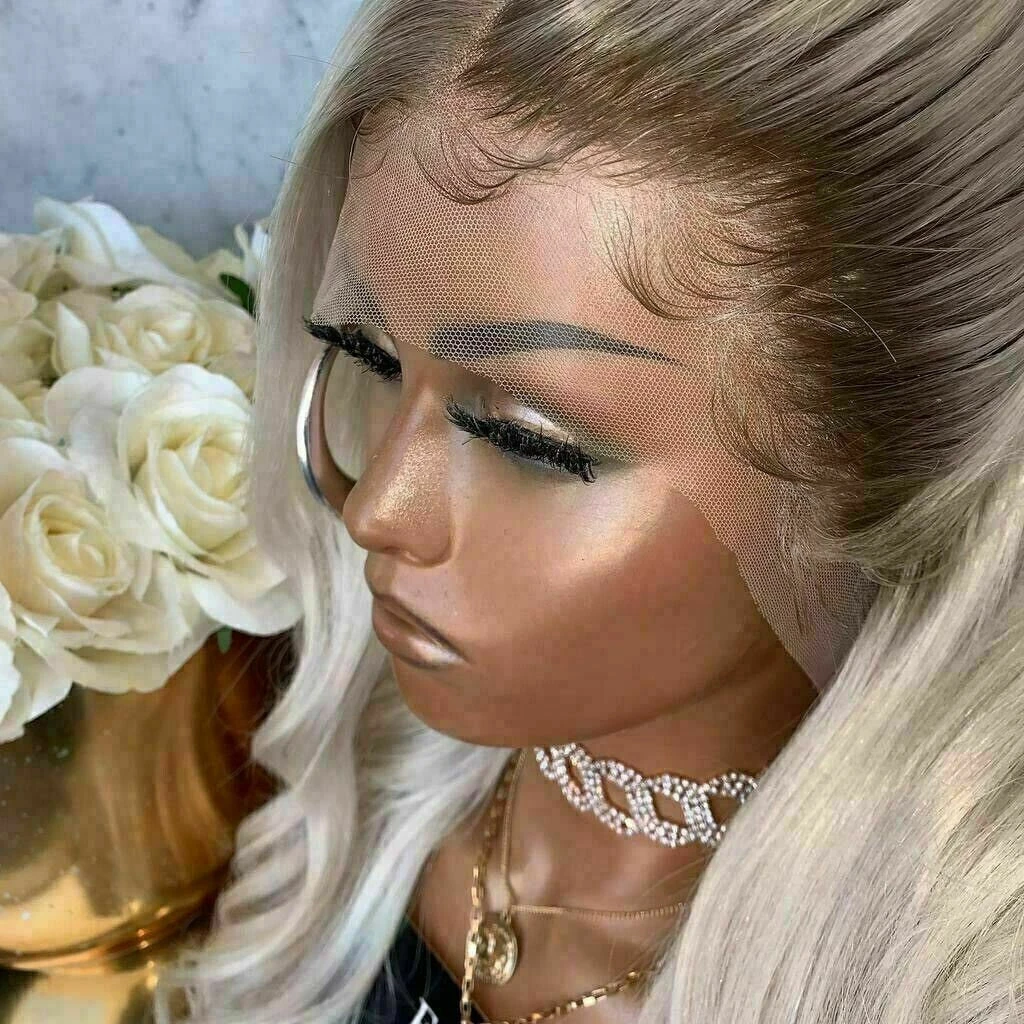 Luxury Wavy Platinum Blonde Ash Root Ombre 100% Human Hair Swiss 13x4 Lace Front Glueless Wig U-Part, 360 Or Full Lace Upgrade Available - Image 4