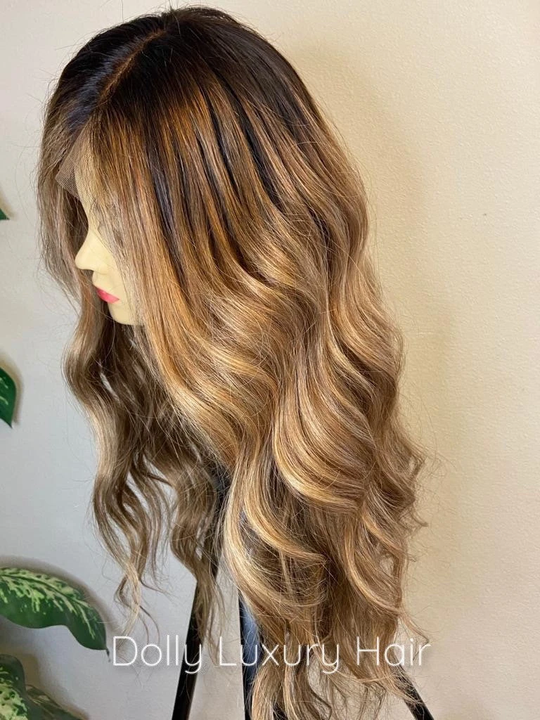 BAILEY | Luxe Caramel Platinum Ash Blonde Balayage Human Hair Swiss 13x4 Lace Front Wig Bleached Knots Transparent Lace Brown Full Lace Available - Image 4