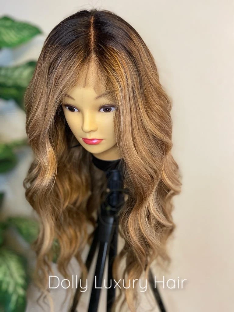 BAILEY | Luxe Caramel Platinum Ash Blonde Balayage Human Hair Swiss 13x4 Lace Front Wig Bleached Knots Transparent Lace Brown Full Lace Available - Image 2