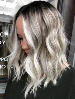 Luxury Platinum Blonde Bayalage On Black Hair 100% Human Hair Swiss 13x4 Lace Front Glueless Wig Wavy U-Part, 360 Or Full Lace Upgrade Available