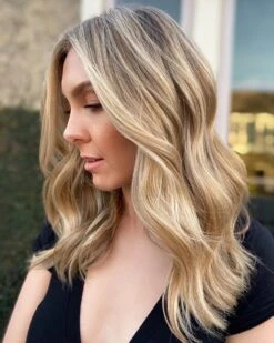 Luxury Warm Light Blonde Balayage 100% Human Hair Swiss 13x4 Lace Front Glueless Wig Wavy U-Part, 360 Or Full Lace Upgrade Available