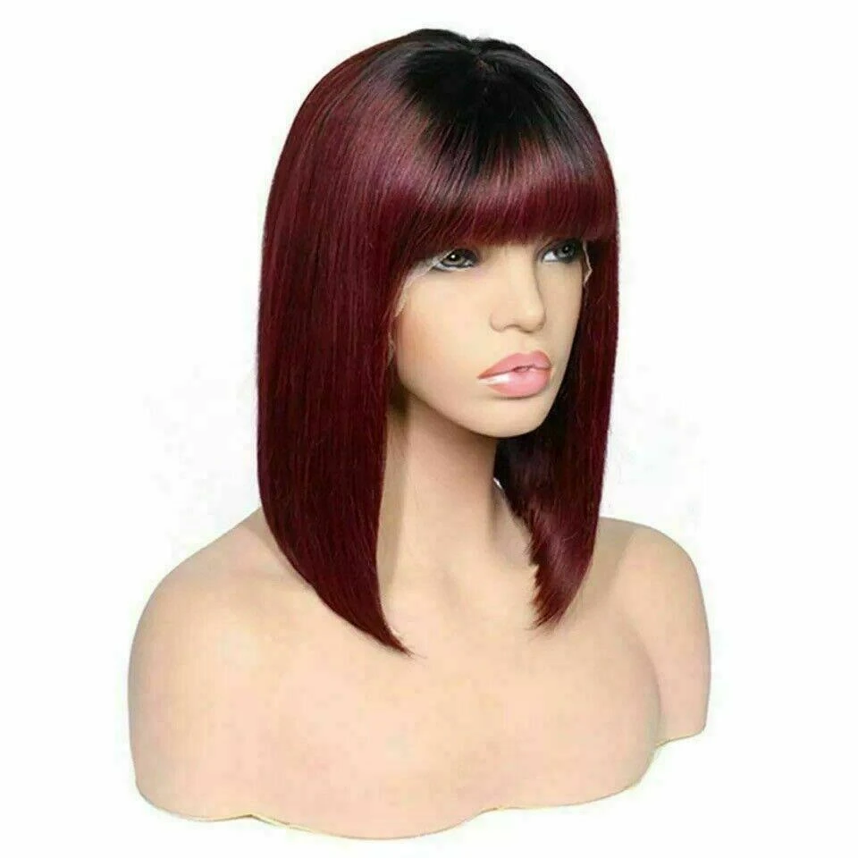 Luxury Burgundy Red Ombre Bangs Fringe Bob 100% Human Hair Swiss 13x4 Lace Front Glueless Wig Colouful U-Part Or Full Lace Upgrade Available