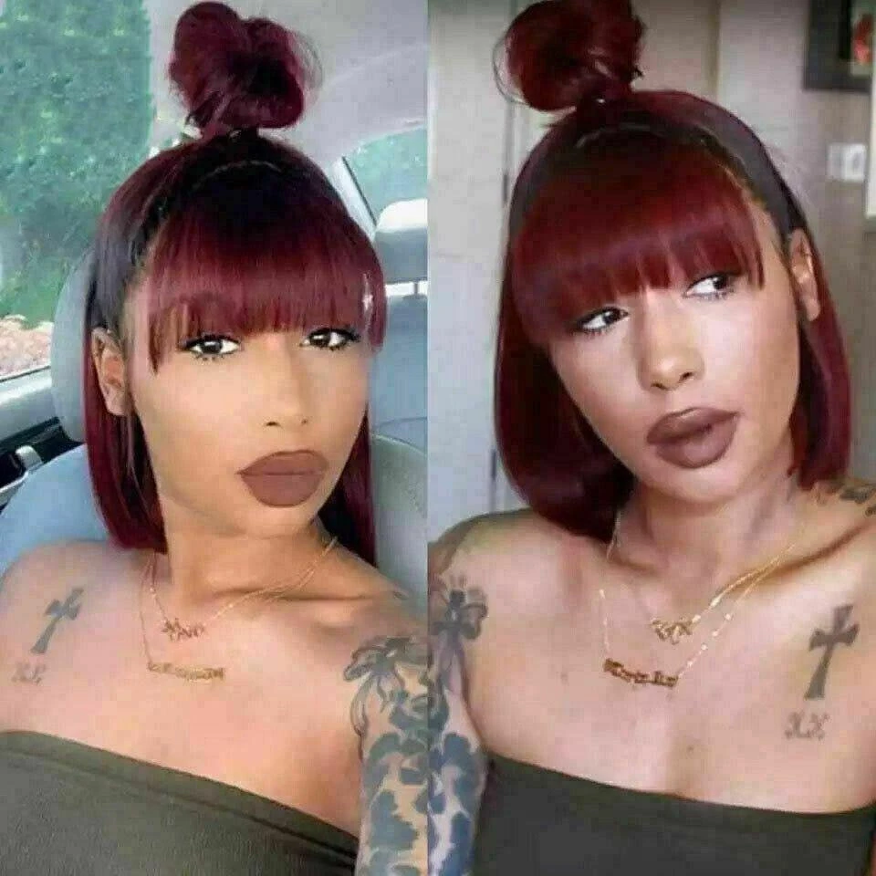 Luxury Burgundy Red Ombre Bangs Fringe Bob 100% Human Hair Swiss 13x4 Lace Front Glueless Wig Colouful U-Part Or Full Lace Upgrade Available - Image 2