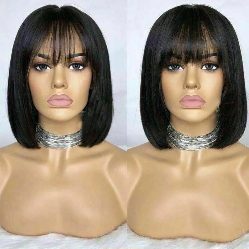 Luxury Brazilian Remy Fringe Bangs Bob #1B Black 100% Human Hair Swiss 13x4 Lace Front Glueless Wig U-Part, 360 Or Full Lace Upgrade Available