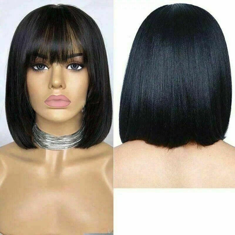 Luxury Brazilian Remy Fringe Bangs Bob #1B Black 100% Human Hair Swiss 13x4 Lace Front Glueless Wig U-Part, 360 Or Full Lace Upgrade Available - Image 2