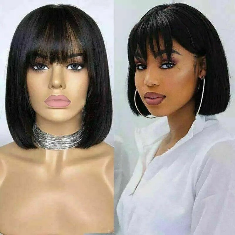 Luxury Brazilian Remy Fringe Bangs Bob #1B Black 100% Human Hair Swiss 13x4 Lace Front Glueless Wig U-Part, 360 Or Full Lace Upgrade Available - Image 3