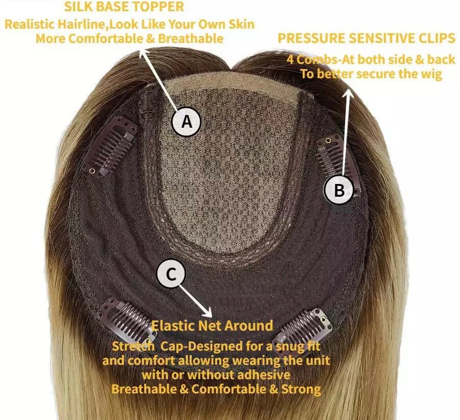 Luxury Silk Base Ash Blonde Balayage Straight With Clip In Human Hair Topper Glueless Wig Women 150% Virgin Cuticle Remy Hairpieces Toupee - Image 4